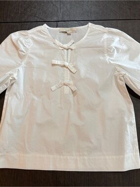 LOFT Petites XXSP White Bow Front Puff Sleeve Blouse